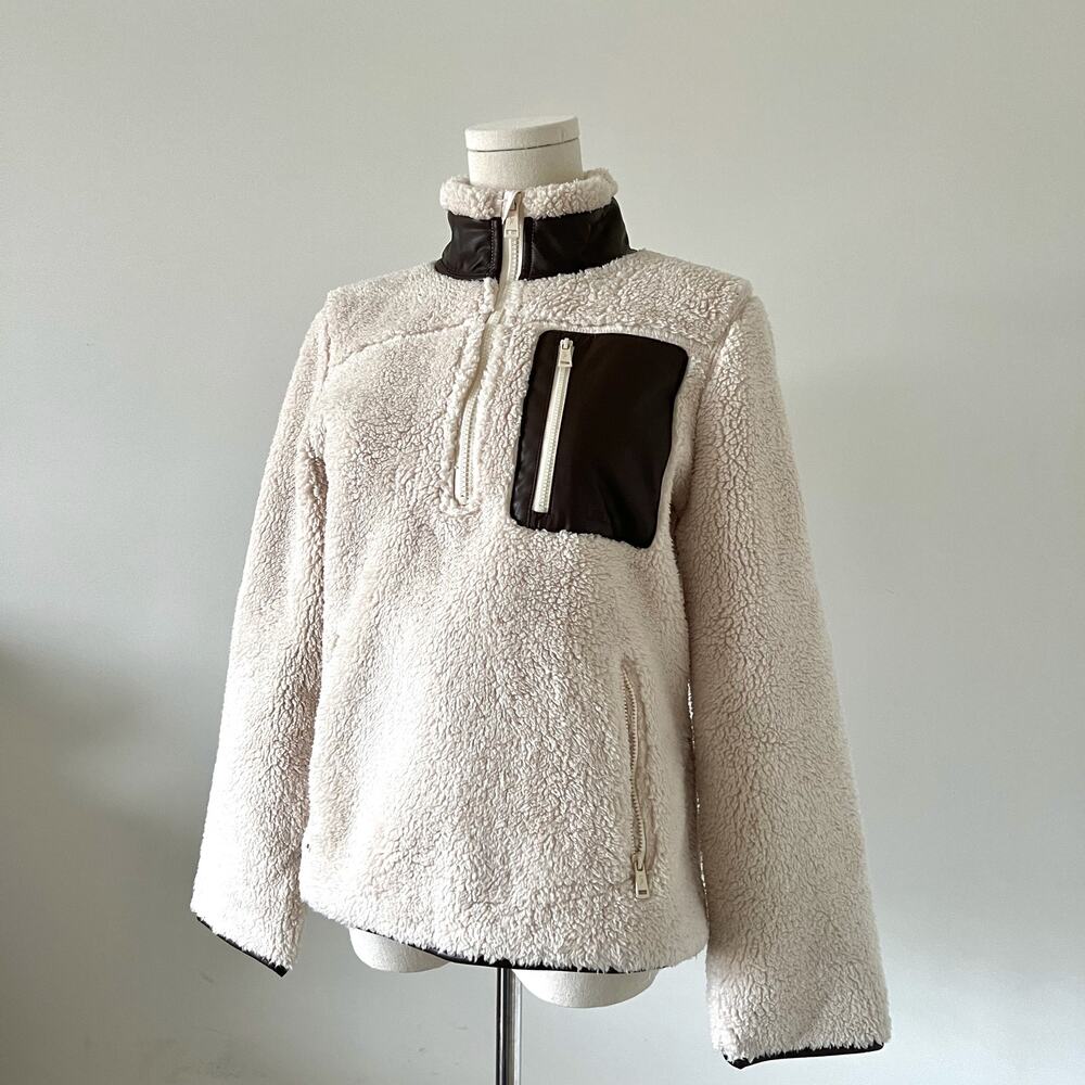 Lauren Ralph Lauren Cream Leather Sherpa Fleece Pullover Jacket Size S